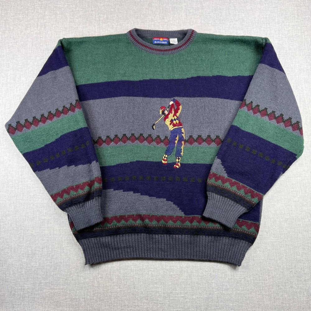 VTG 90s Buckingham Golfer Knit Sweater Men XXL Green Striped Embroidered Prep